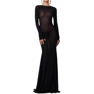 Women See-Through Bodycon Long Dress Solid Color Mesh Sheer Dress Long Sleeve Cross Tie-Up Backless Evening Party Dress
